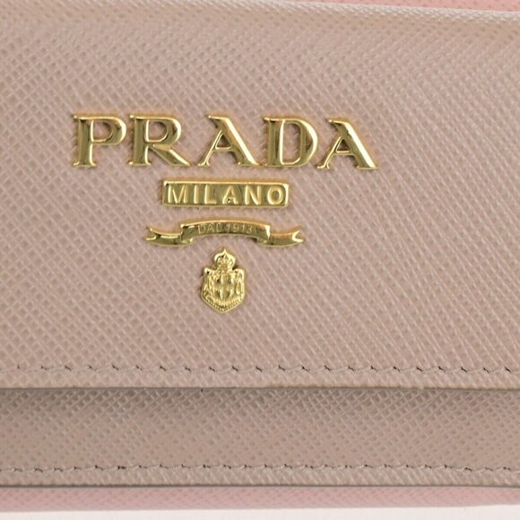 PRADA Logo Trifold Compact Wallet Saffiano Metal Leather Pink Beige 88FB246 - Picture 8 of 13